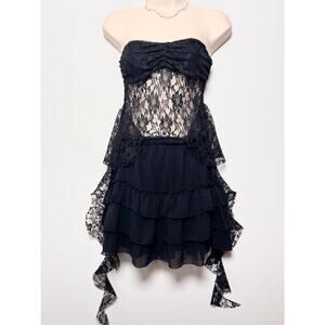 Black Sheer Floral Lace Gothic Strapless Top with Tiered Ruffle Hem
